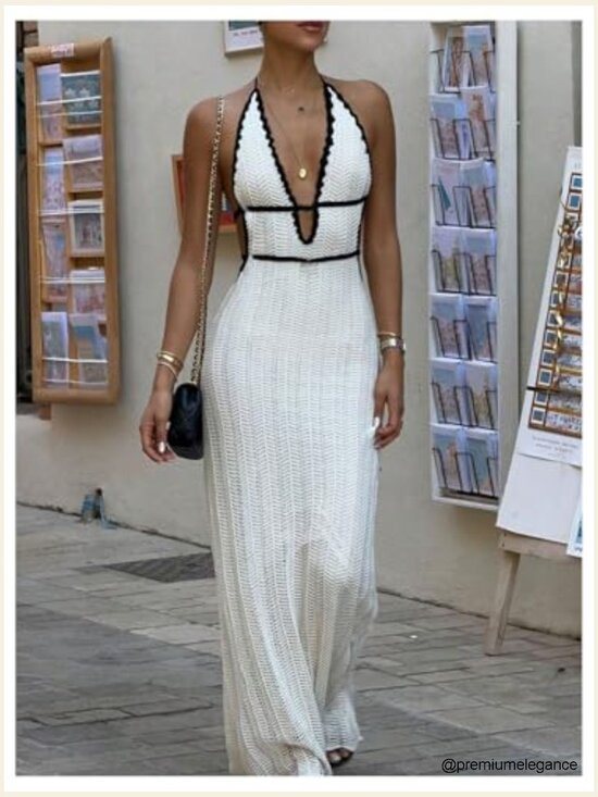 Backless Halter Maxi Dress with Tie Back, Sleeveless Knit, Deep V Neck - Picture 4 of 5